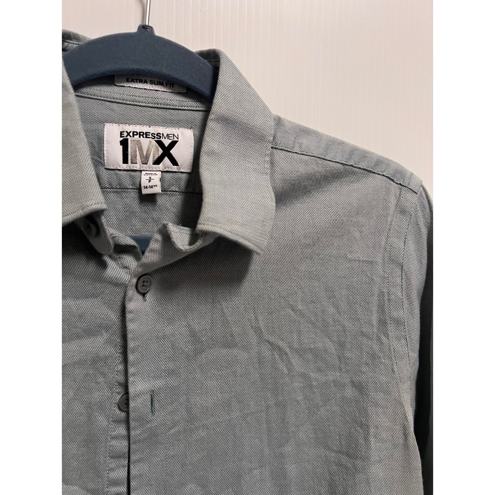 Express Men 1MX Extra Slim Fit Shirt Sage Green Textured Button Down S 14-14.5